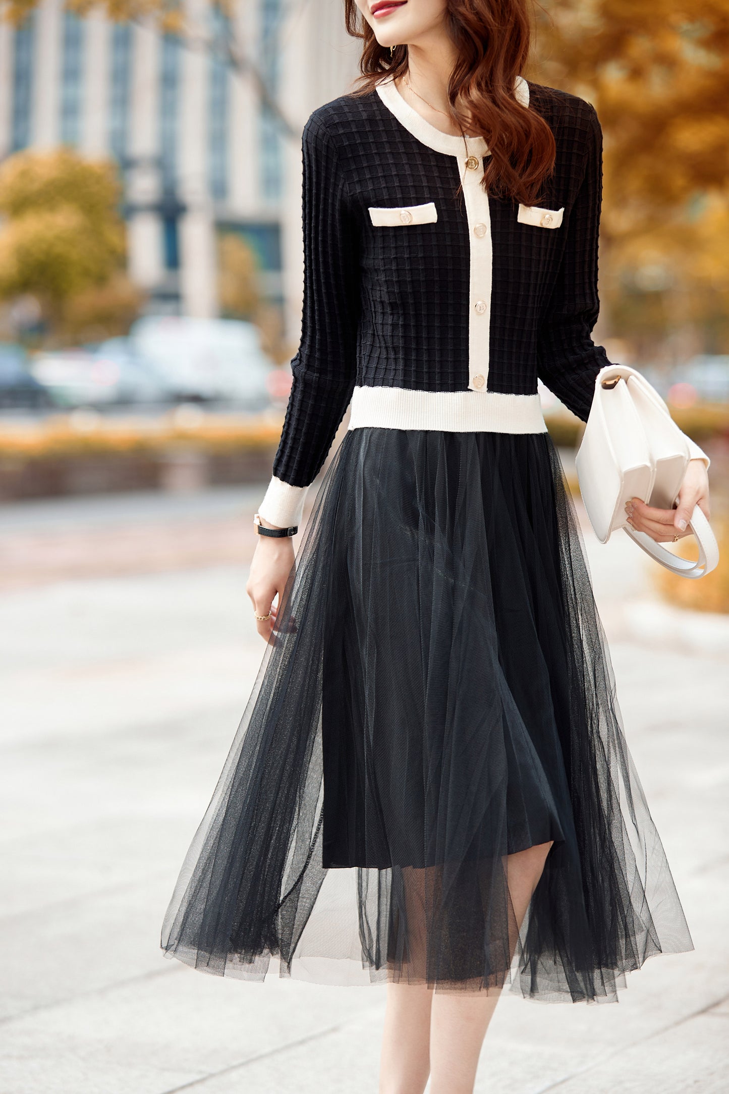 Elegant Stretch Pullover Mesh Patchwork Midi Dress