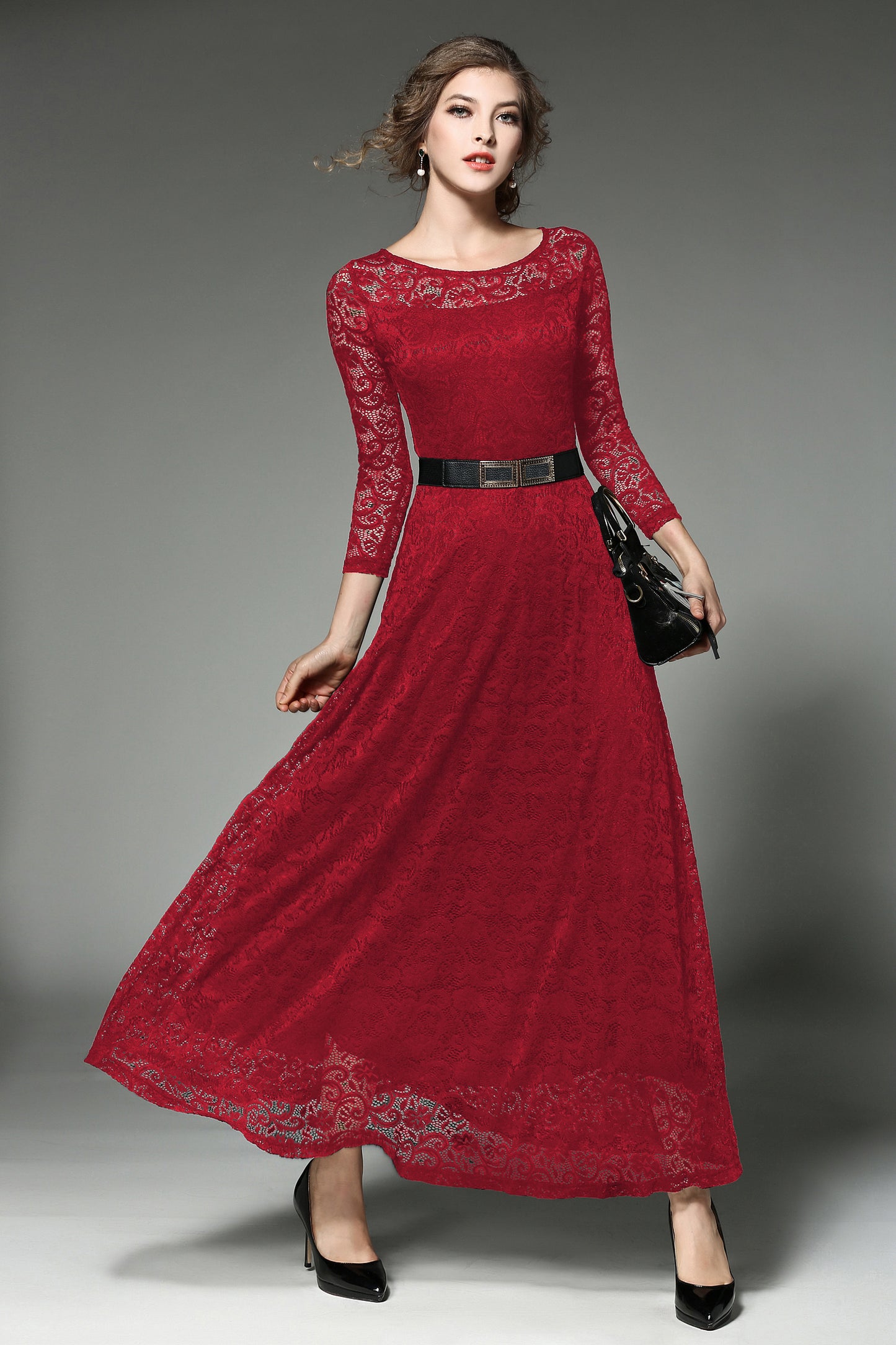 SSY-Women's 3/4 Sleeve Lace Overlay Maxi Dress