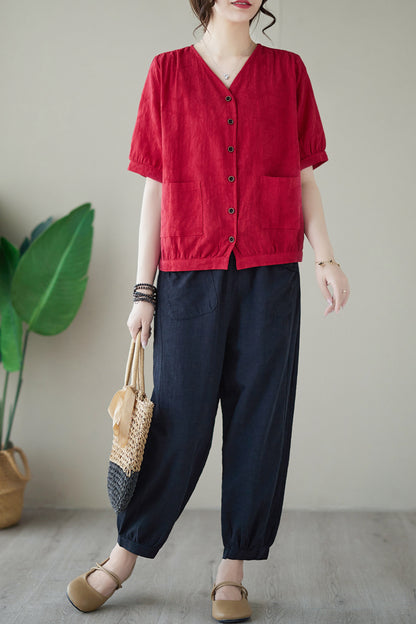 Red V Neck Button-up Linen Blouse Top
