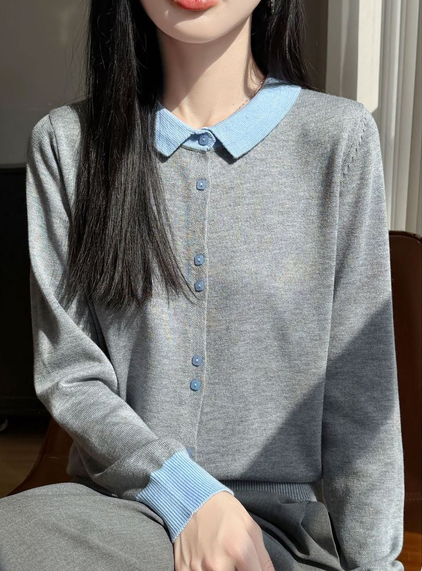 Contrast Collar Knit Cardigan – Two-Tone Polo Button-Up Sweater