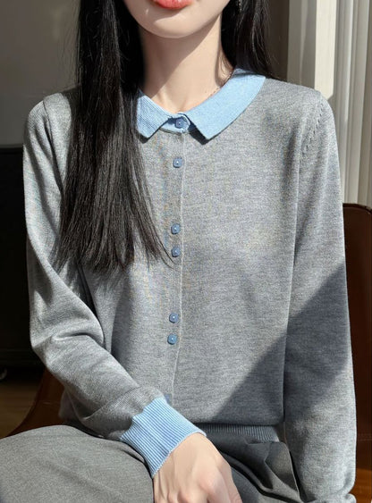 Contrast Collar Knit Cardigan – Two-Tone Polo Button-Up Sweater