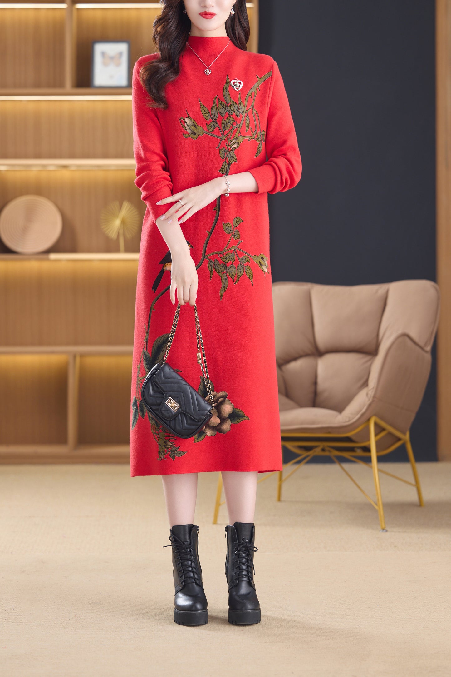 Women's Turtleneck Sweater Long Sleeve Red Dress