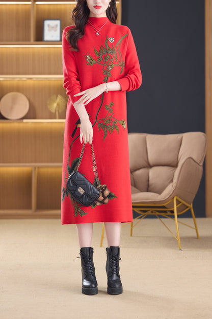 Women's Turtleneck Sweater Long Sleeve Red Dress