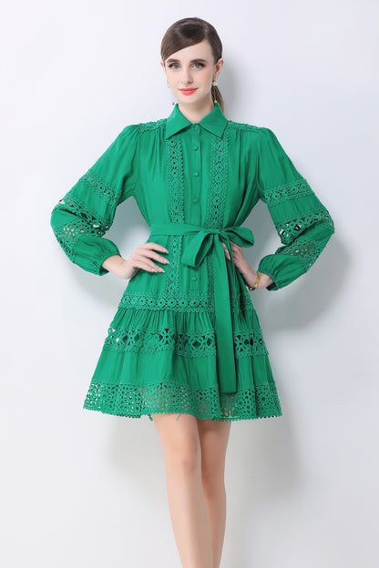 Women's Hollow Out Lace Puff Sleeve Button Mini Dress - LAI MENG FIVE CATS