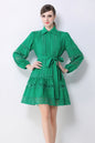 Women's Hollow Out Lace Puff Sleeve Button Mini Dress - LAI MENG FIVE CATS