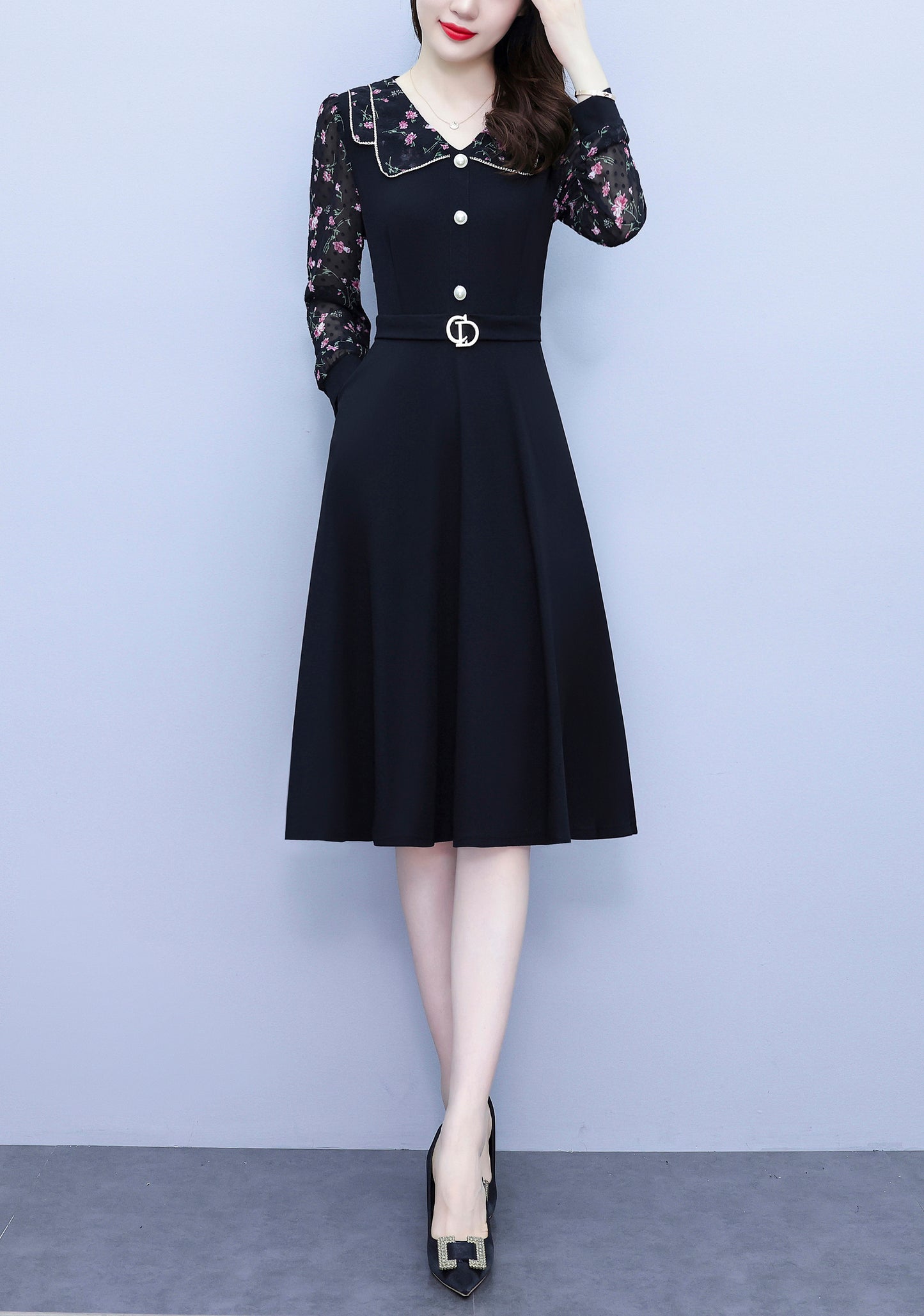 Women's Peter Pan Collar Long Sleeve Pocket Midi Dress