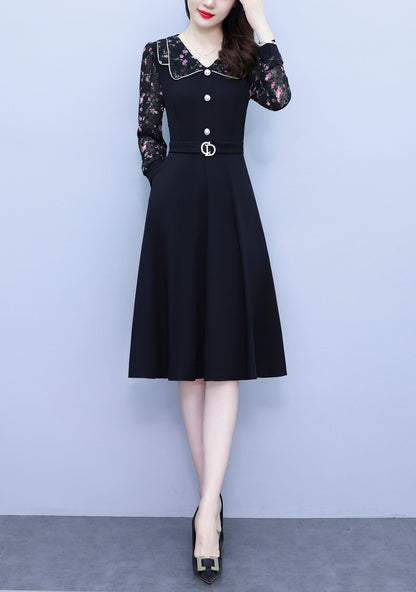 Women's Peter Pan Collar Long Sleeve Pocket Midi Dress