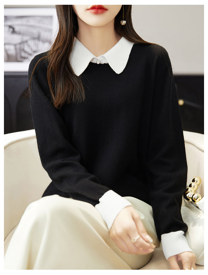 Contrast Collar Knit Sweater – Vintage Long Sleeve Pullover Top