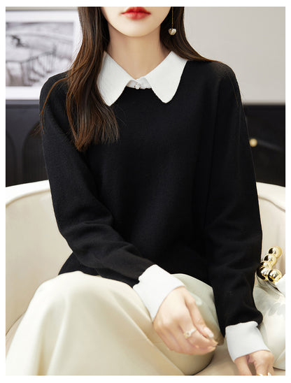 Contrast Collar Knit Sweater – Vintage Long Sleeve Pullover Top