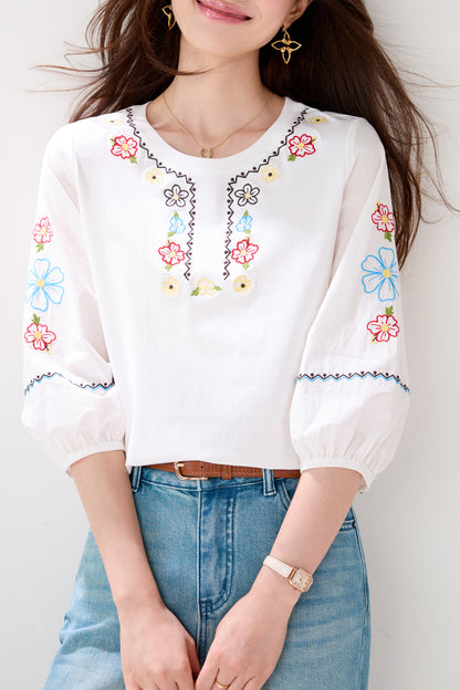 Lightweight Chic Floral Embroidered 3/4 Sleeve Summer Blouse