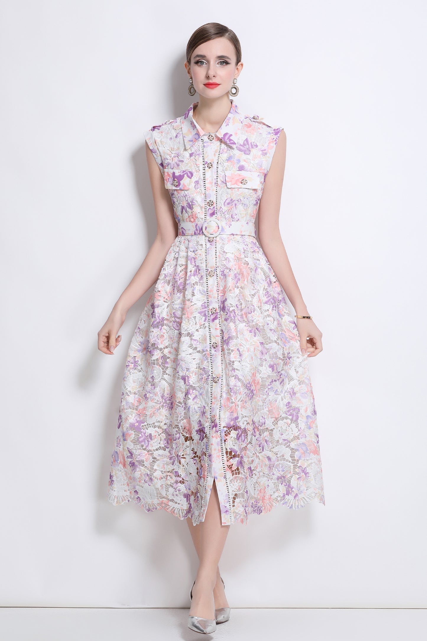 Women's Hollow Lace Print Sleeveless Midi Dress