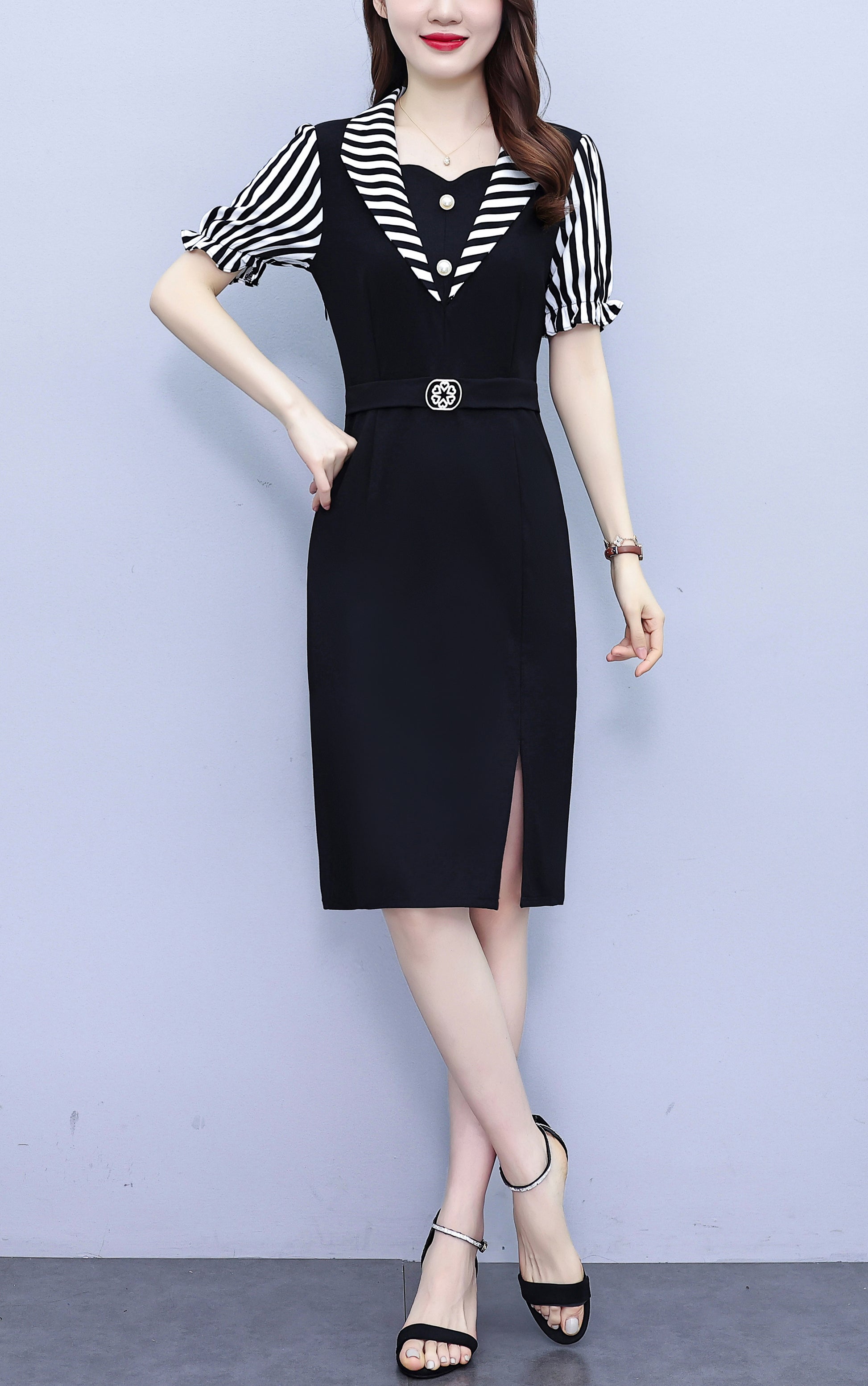 Women's Short Sleeve Pocket Work Office Suit Dress - LAI MENG FIVE CATS