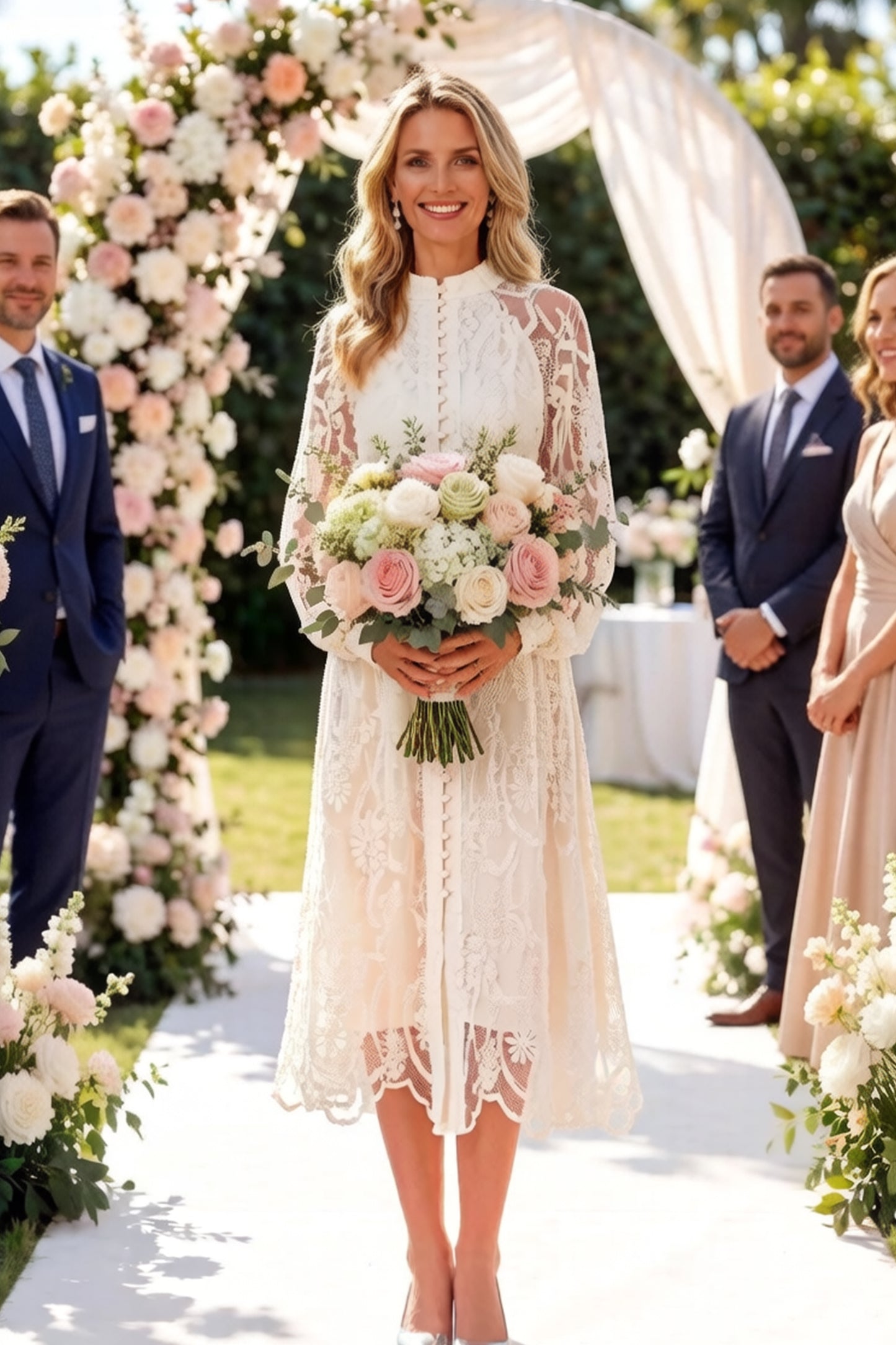 Elegant Floral Lace Maxi Dress with Pearl Belt - LAI MENG FIVE CATS