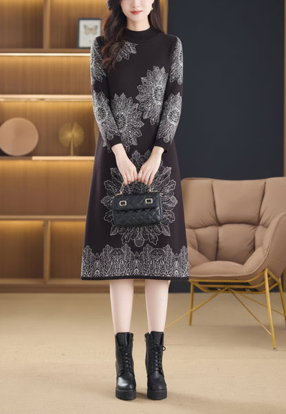 Women's Long Sleeve Print Ribbed Knitted Sweater Dress