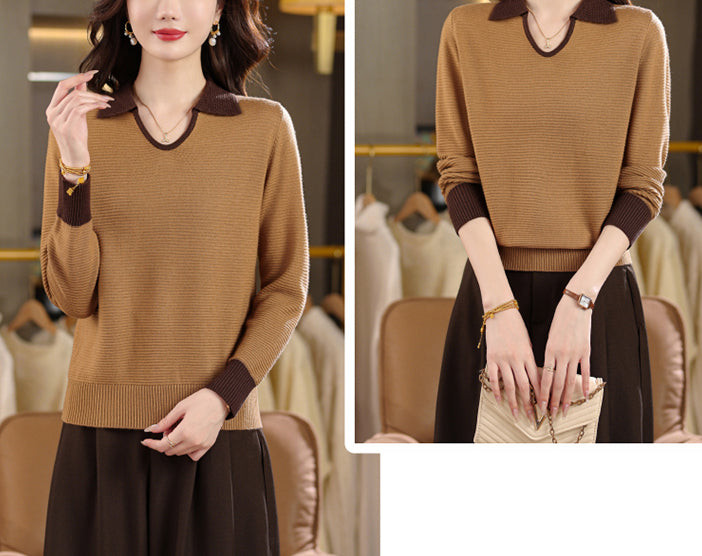 Chic Contrast Collar Ribbed Knit Top – Women's Polo V-Neck Sweater - LAI MENG FIVE CATS