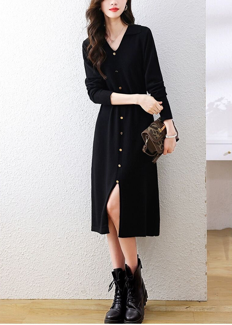 Elegant Lapel V-Neck Knit Midi Dress: Button Decoration & Belted Waist