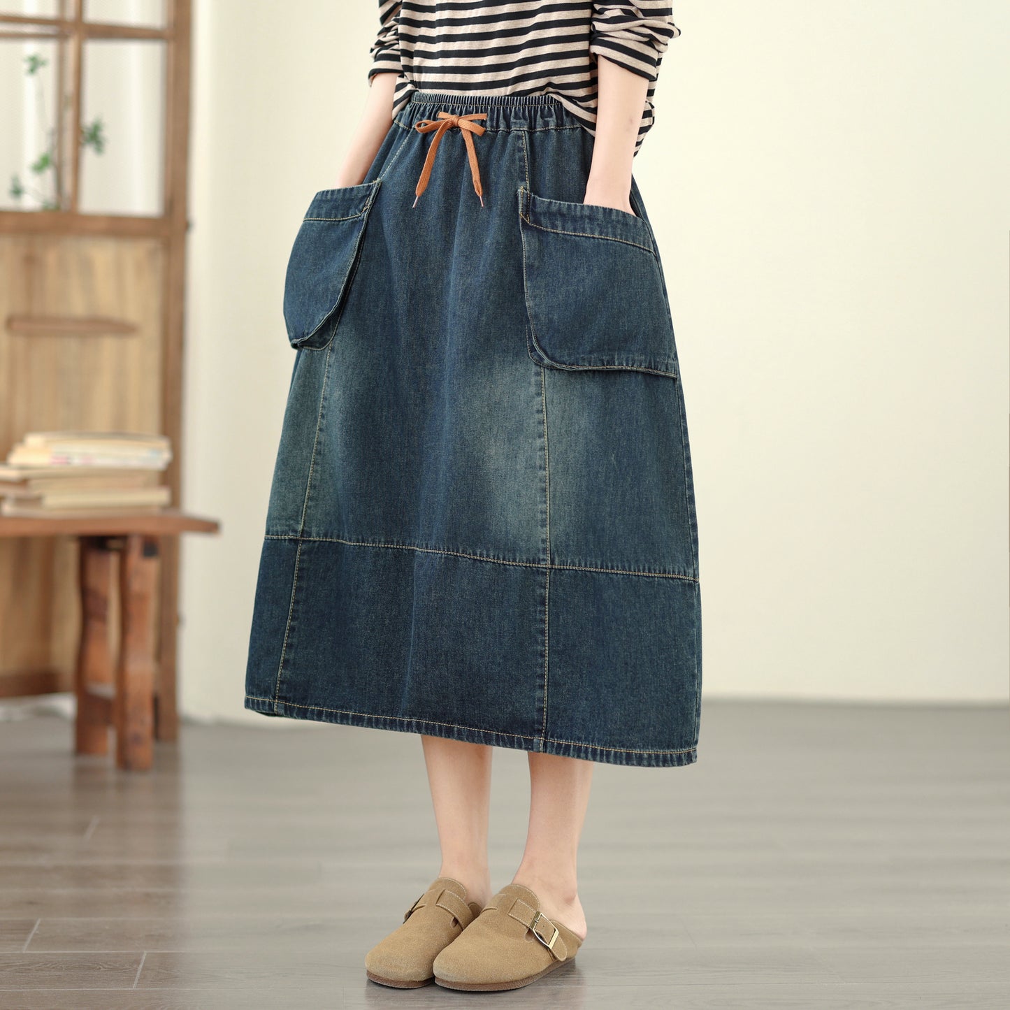 Women's Denim Drawstring Waist Pockets Jean Skirt