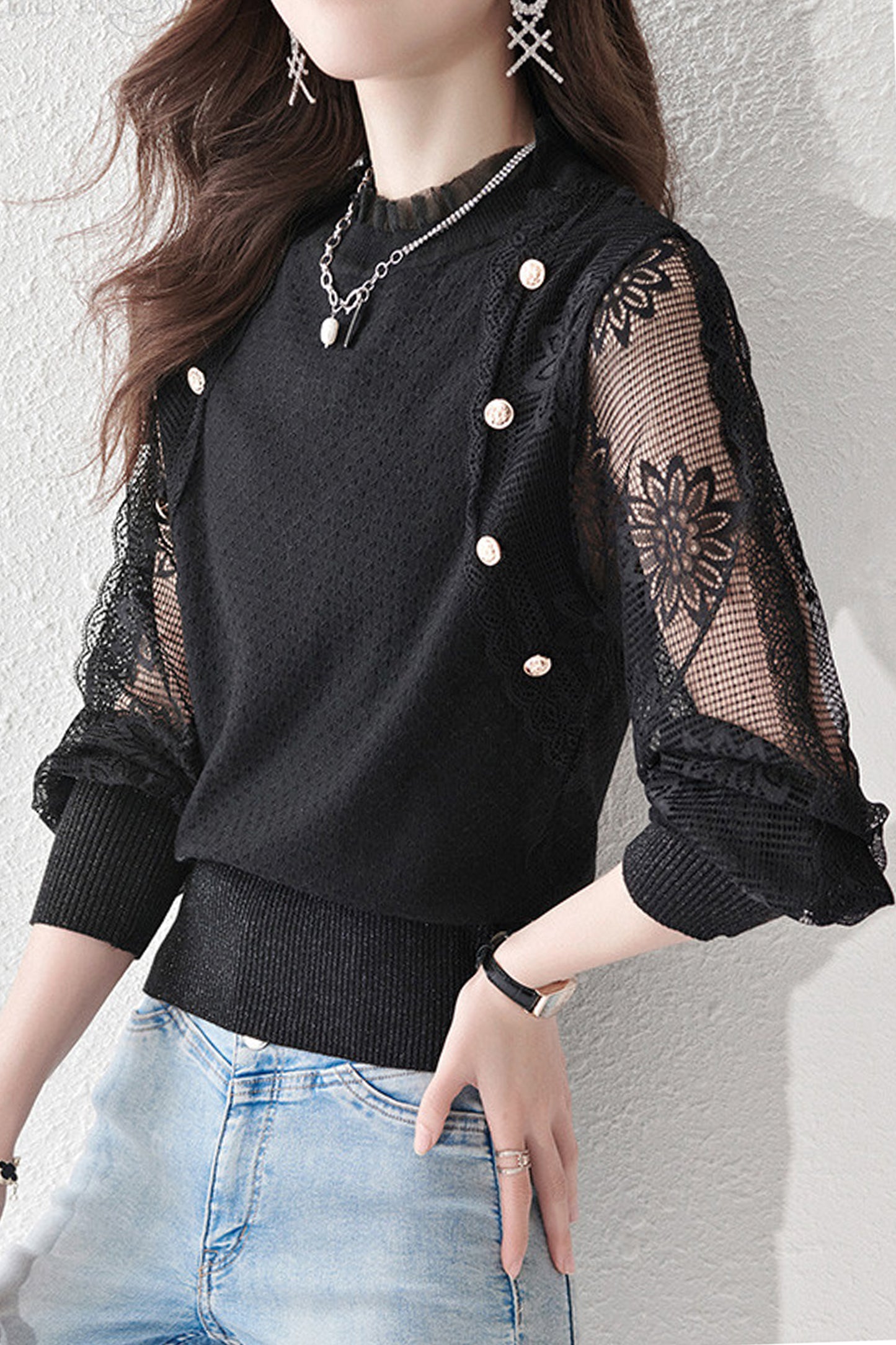 Women's Turtleneck Sweater Lantern Sleeves  Lace Tops - LAI MENG FIVE CATS