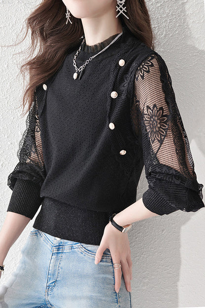 Women's Turtleneck Sweater Lantern Sleeves  Lace Tops - LAI MENG FIVE CATS