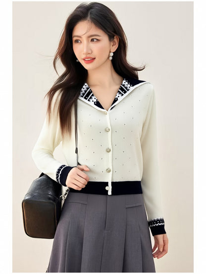 Women's Sailor Collar Long Sleeve Stripe Cardigan Sweater
