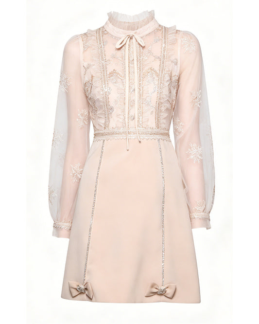 LAI MENG FIVE CATS Embroidered Mesh Bow-Tie Mini Dress