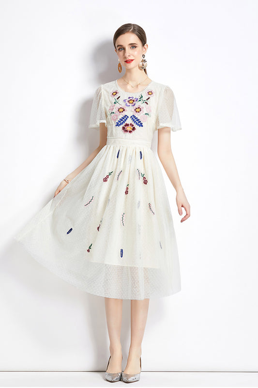 White Vintage Mesh Embroidered Midi Dress