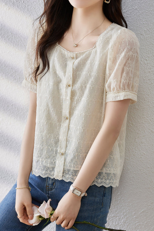 Floral Embroidered Puff Sleeve Blouse