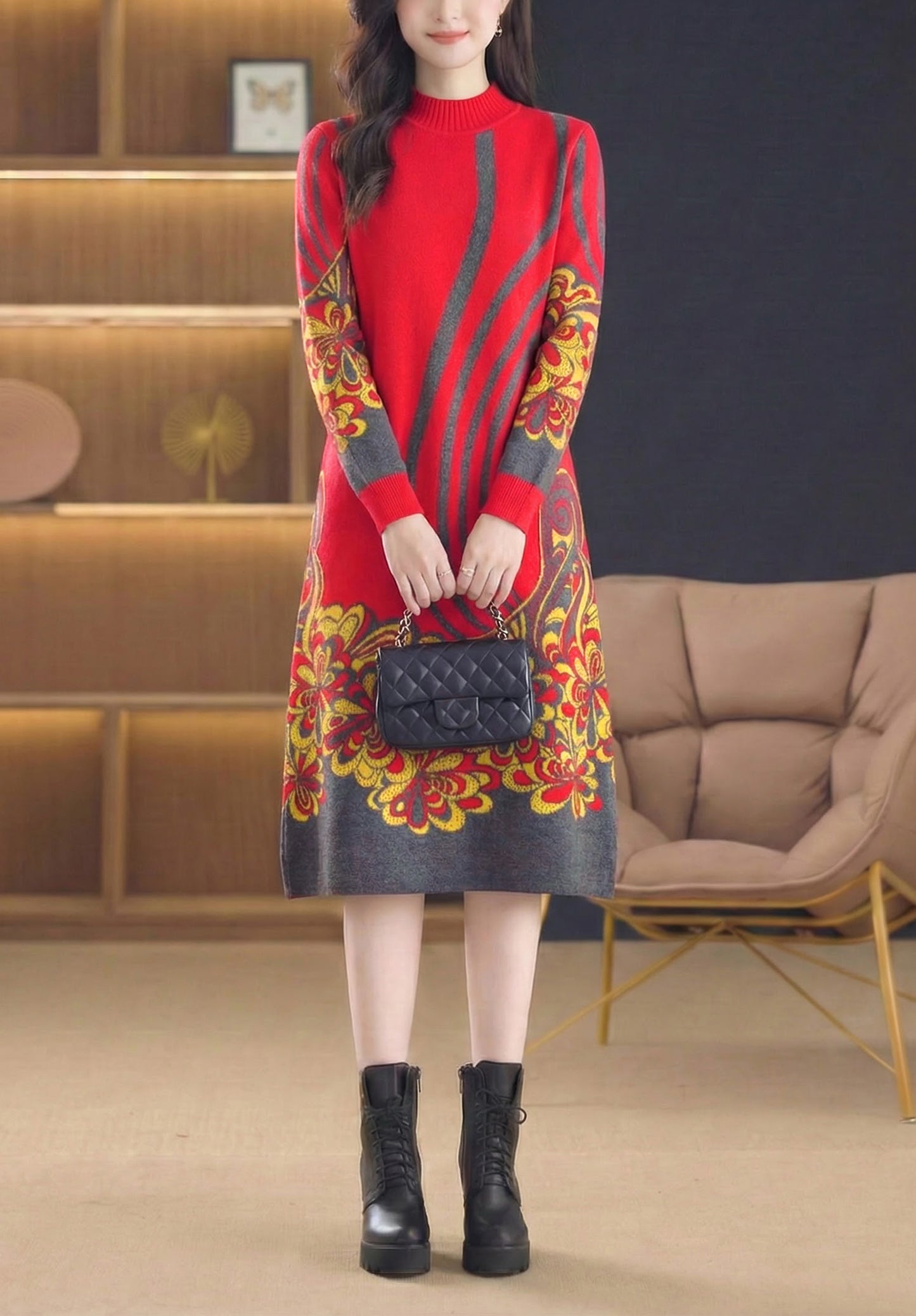 Women's Long Sleeve Knit Stretch Sweater Midi Dress