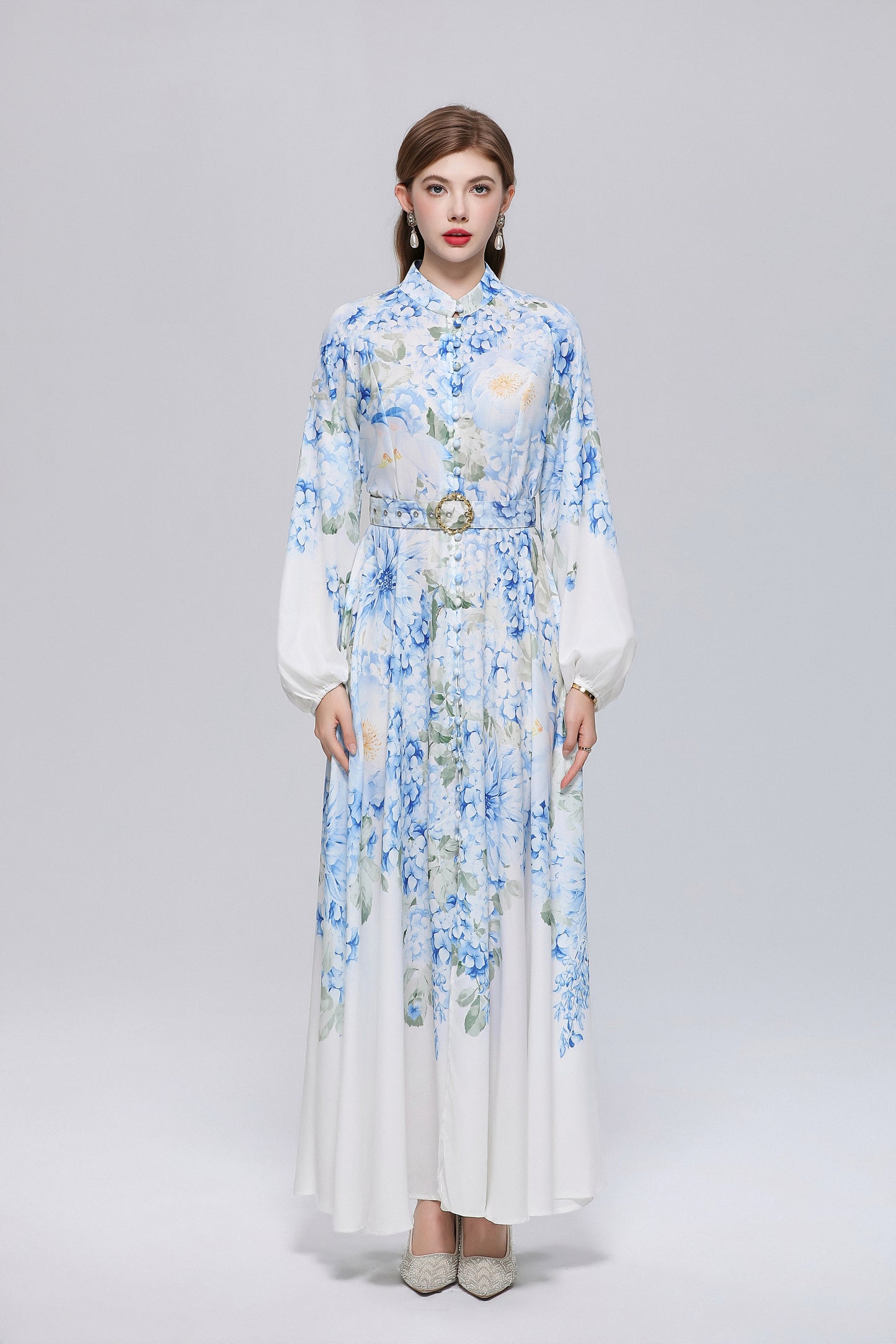 26-Women Floral Print Button Flowy Maxi Belt Dress