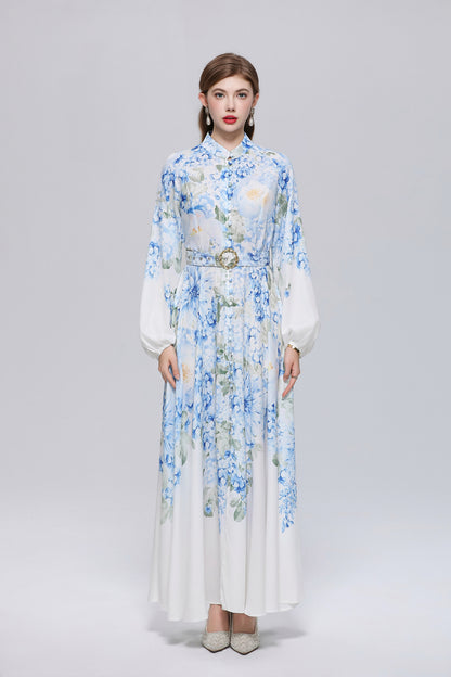 26-Women Floral Print Button Flowy Maxi Belt Dress