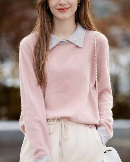 Contrast Collar Polo Neck Knit Sweater – Soft Fall&Winter Pullover