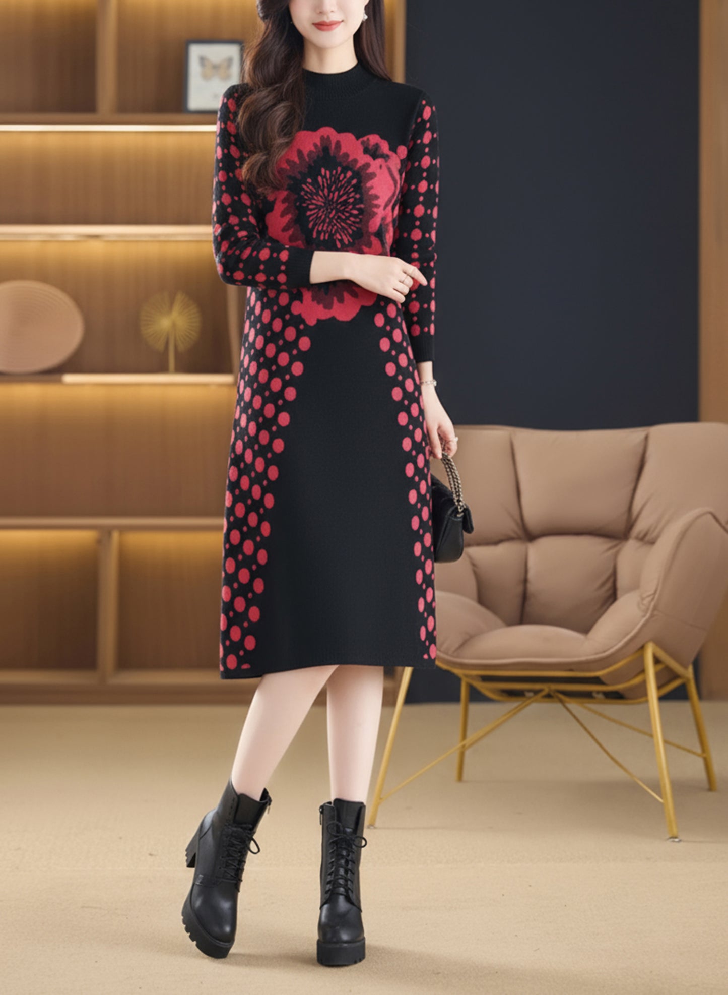 Women's Fashion Print Knit Pullover Sweater Midi Dress