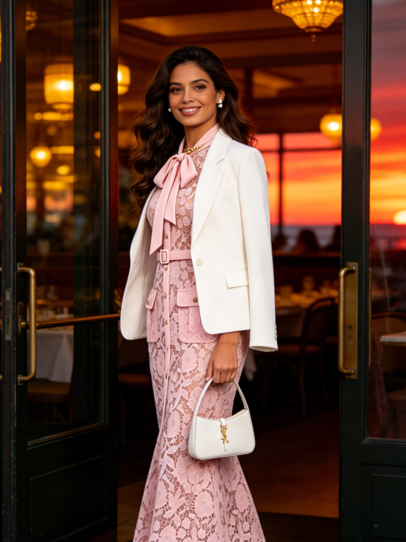Blush Pink Lace Midi Dress With Pockets