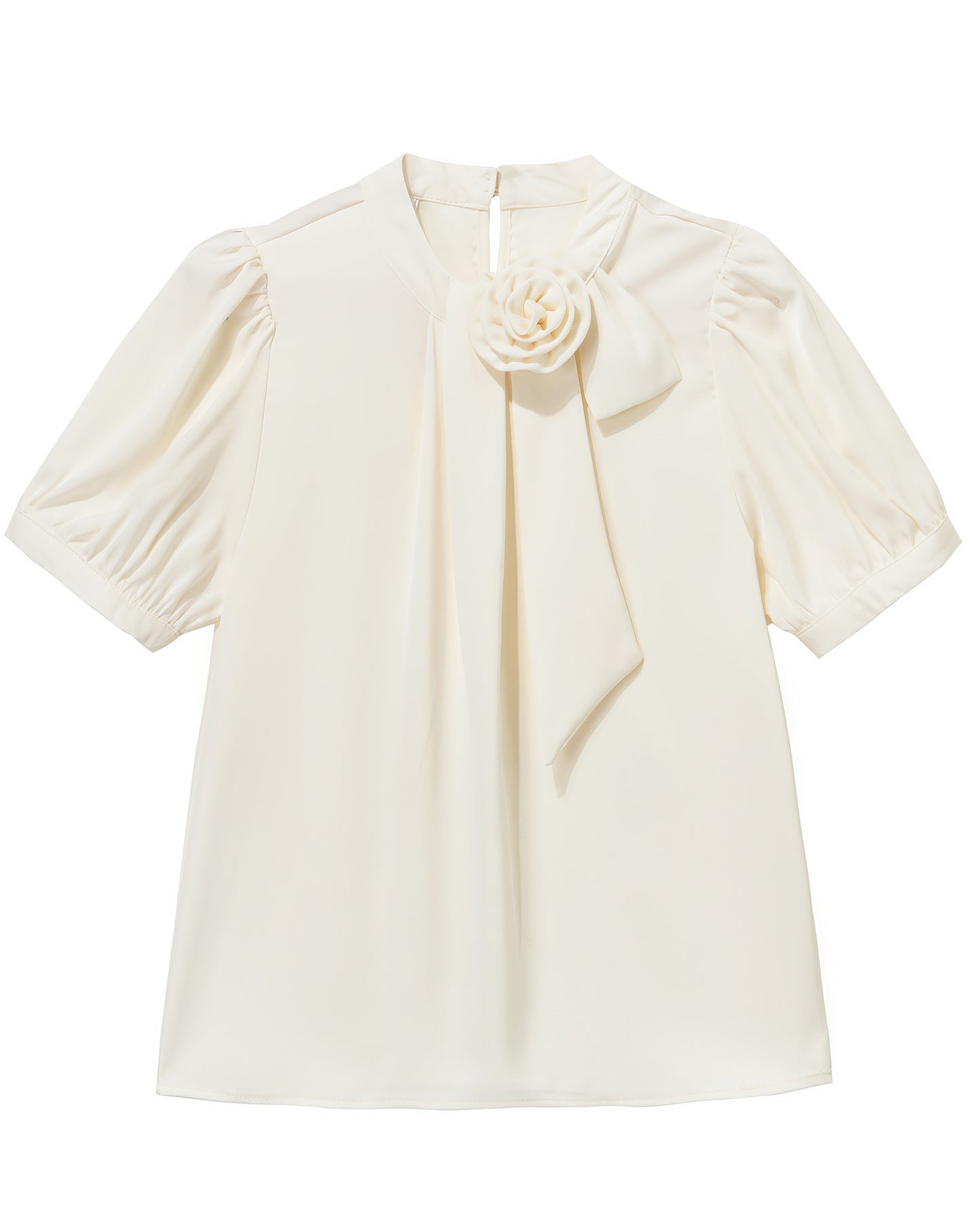 Ivory Satin Rose Blouse – Elegant Puff Sleeve Bow Detail Top