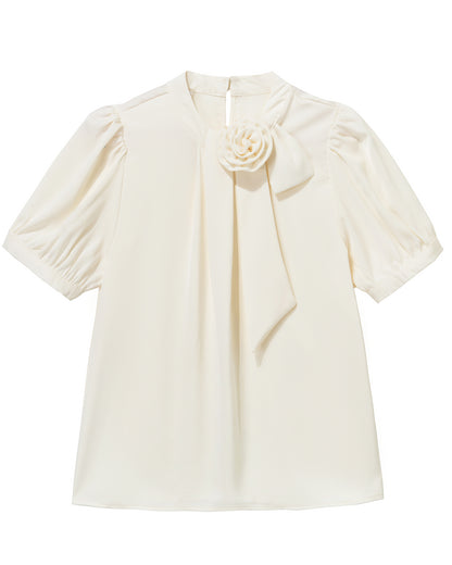 Ivory Satin Rose Blouse – Elegant Puff Sleeve Bow Detail Top