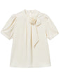 Ivory Satin Rose Blouse – Elegant Puff Sleeve Bow Detail Top