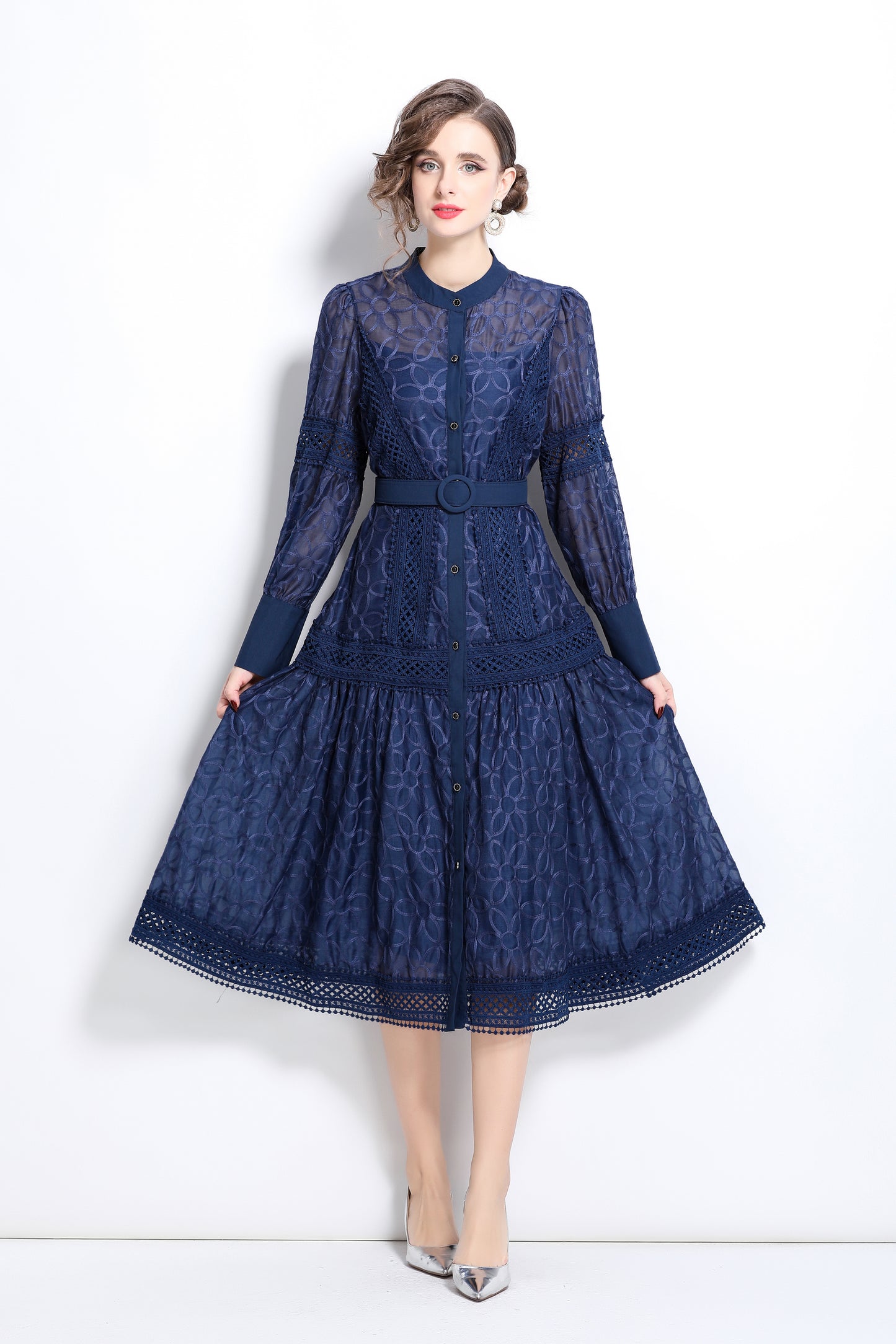 Lantern Sleeves Embroidery Button Midi Dress