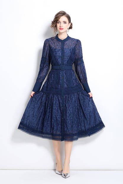 Lantern Sleeves Embroidery Button Midi Dress