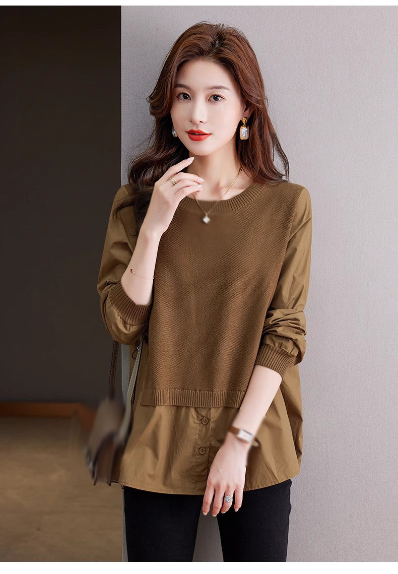 Women's Fall Patchwork Shirt Pullover Loose Blouse Tops