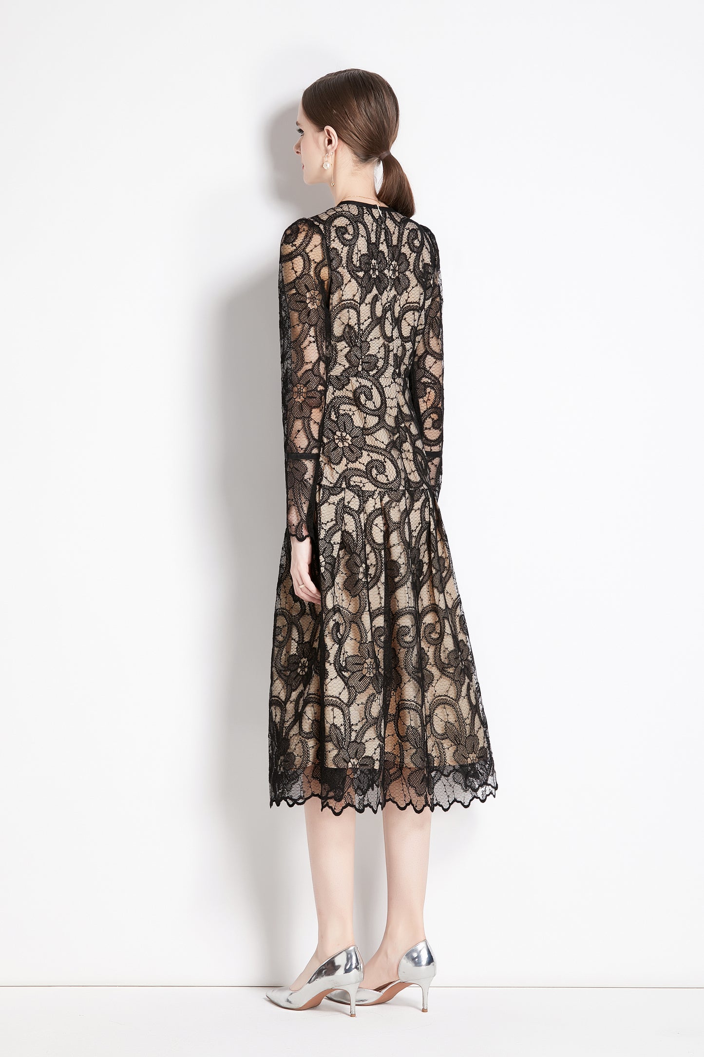 Women's Lace Floral Long Sleeve Midi Dress