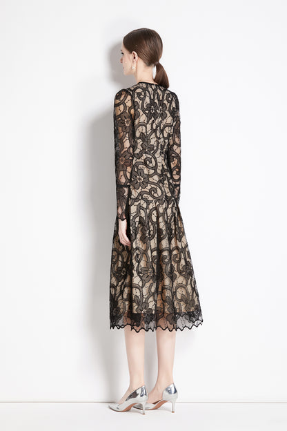 Women's Lace Floral Long Sleeve Midi Dress