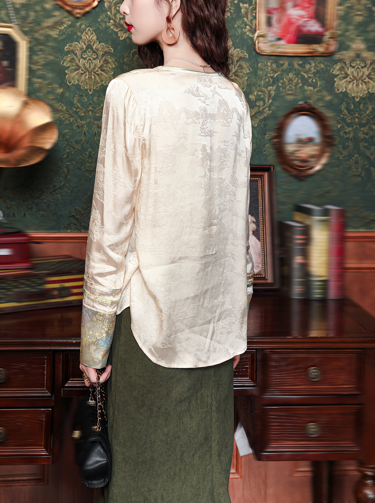 Vintage New Chinese Round Neck Satin Blouse with Bias Button & Print Cuffs