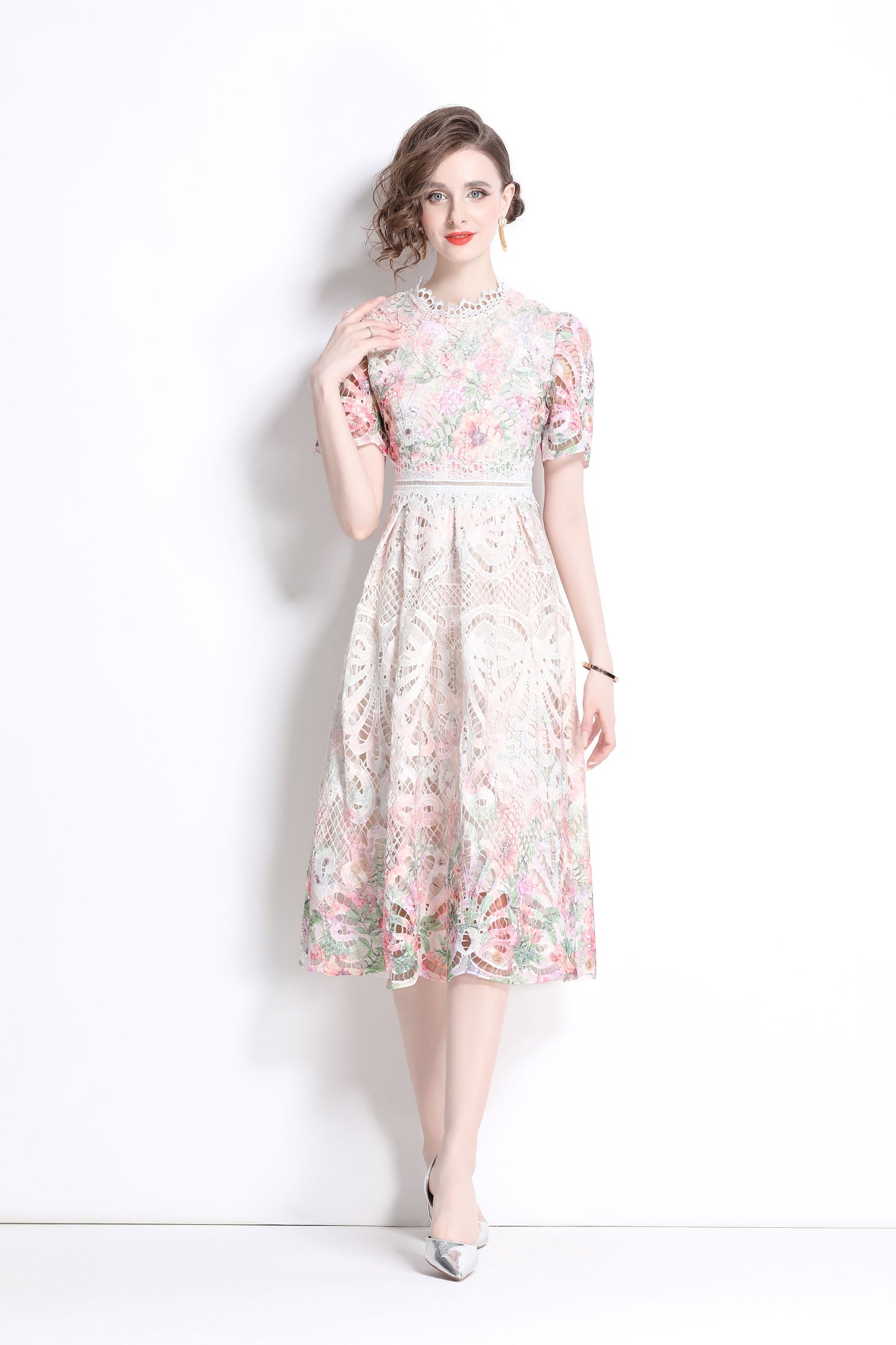 Women's Lace Floral Short Sleeve Crochet Waist Cocktail Midi Dress