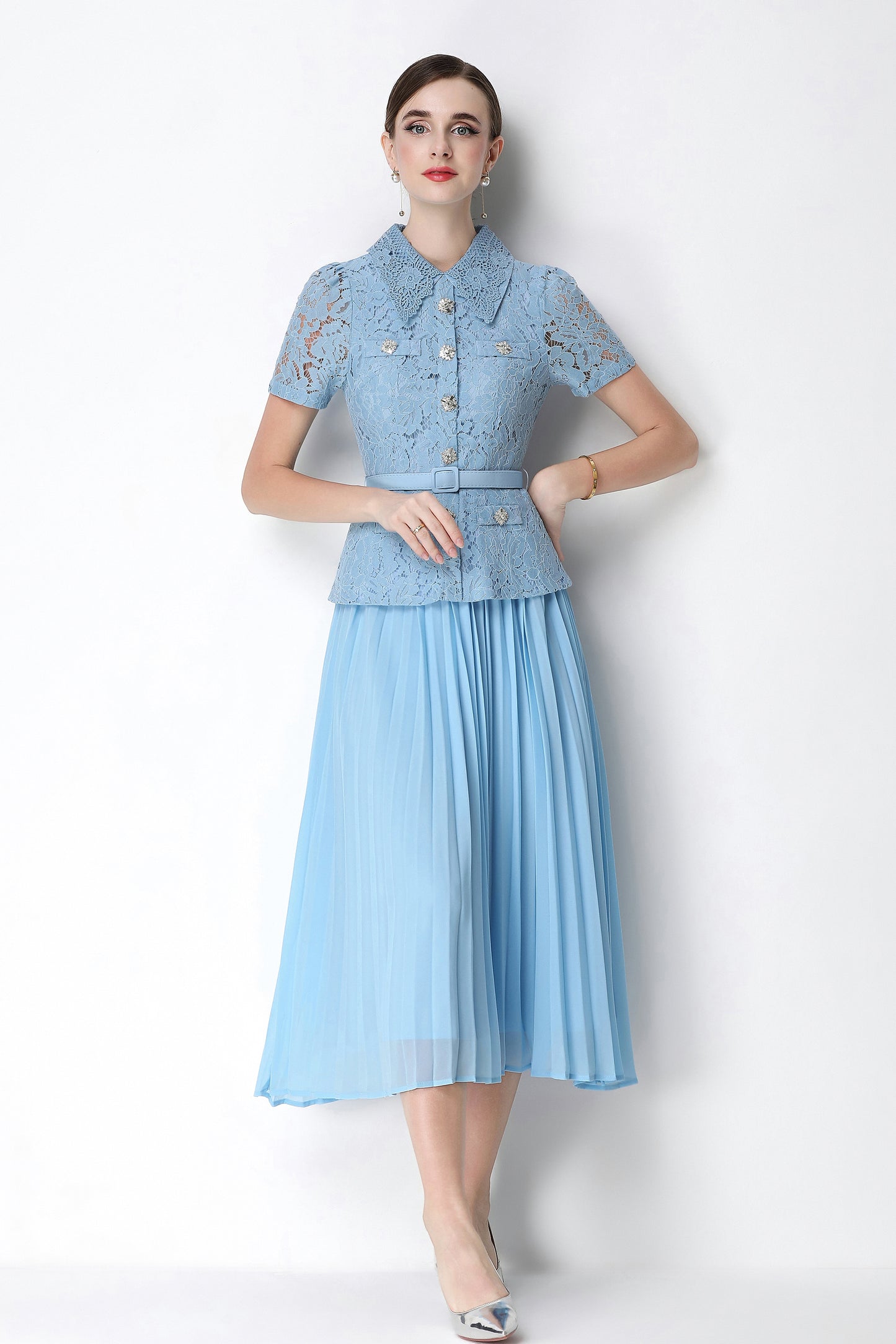 French Chic Lace Pleated Midi Dress with Belt