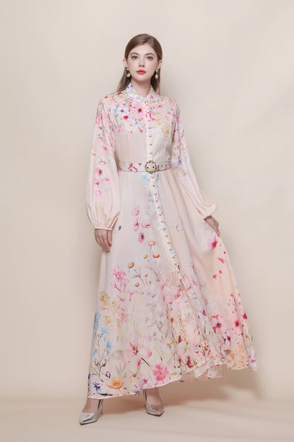 26-Women's Floral Print Puff Sleeve Button Maxi Dress - LAI MENG FIVE CATS
