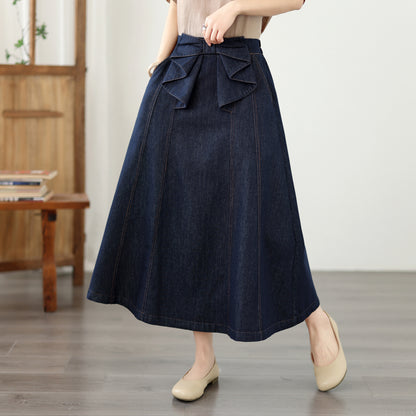 Bow Waist Denim Midi Skirt – Dark Wash Quiet Luxury Skirt
