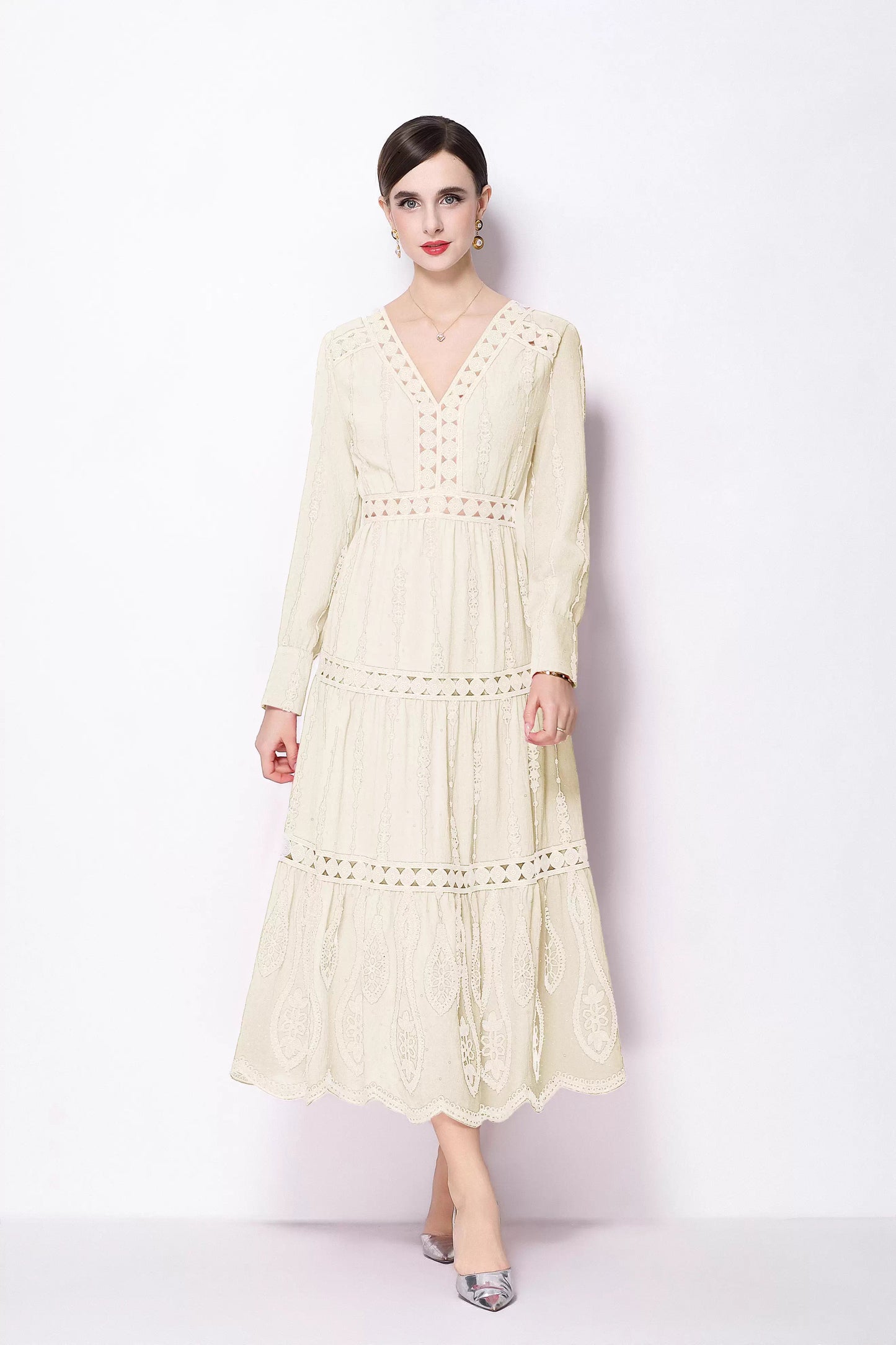 Women's V Neck Long Sleeve Hollowed Lace Linen Dress - LAI MENG FIVE CATS