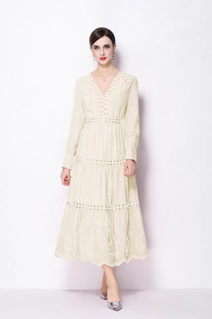 Women's V Neck Long Sleeve Hollowed Lace Linen Dress - LAI MENG FIVE CATS