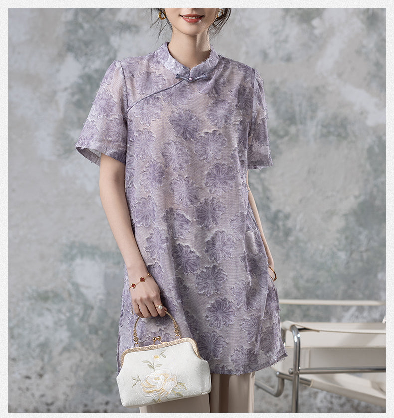 Women's Short Sleeve Button Print Qipao Satin Blouse
