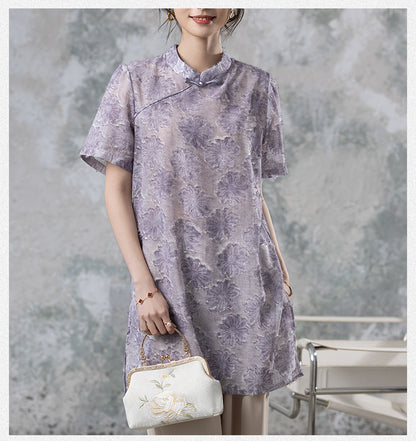 Women's Short Sleeve Button Print Qipao Satin Blouse